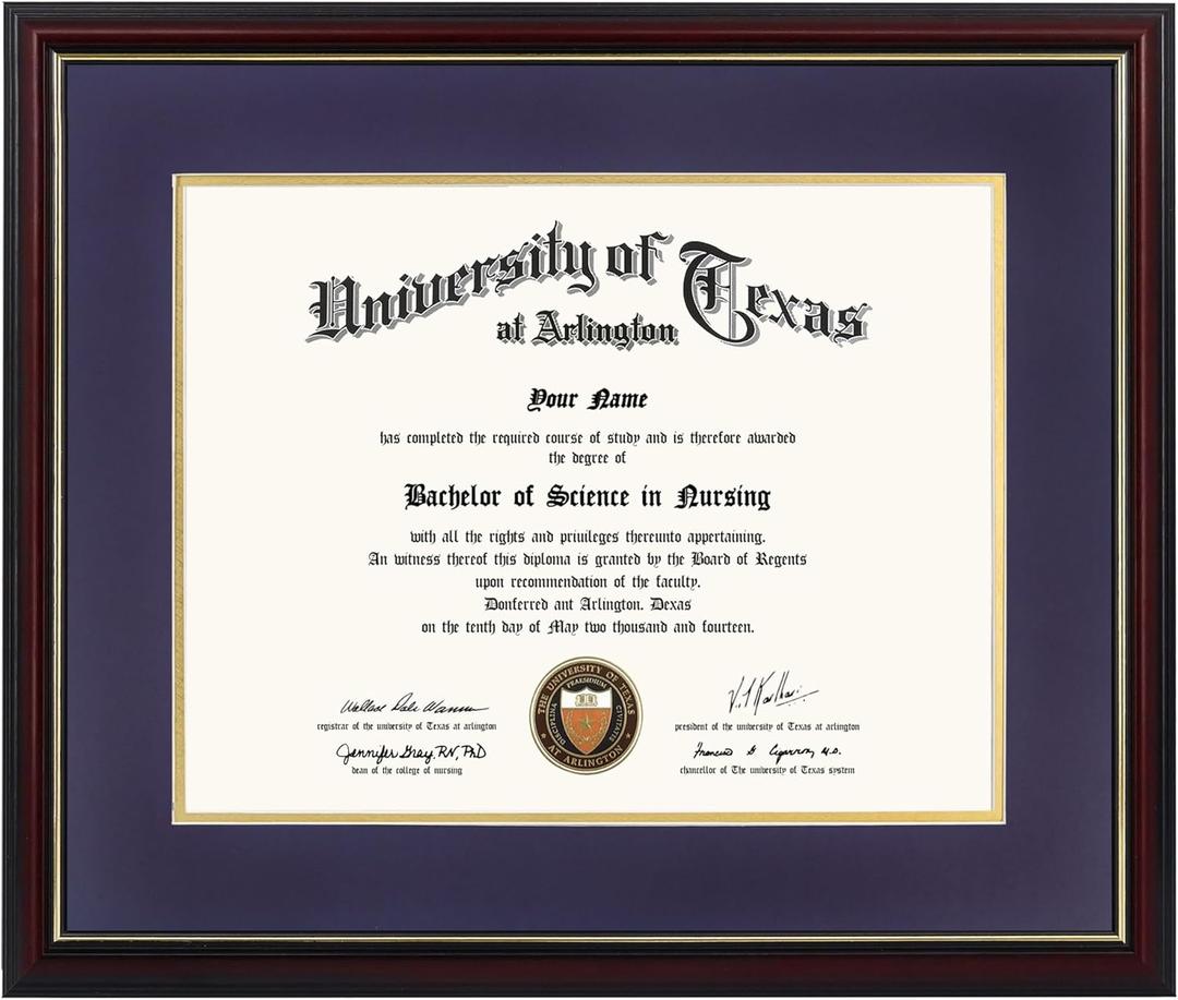 GraduationMall 11x14 Diploma Frame with Purple over Gold Mat or Display 15x18 Certificate without Mat,Solid Wood & UV Protection Acrylic,Cherry Finish with Gold Trim