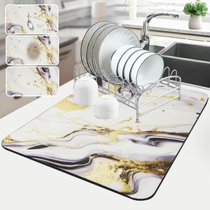 Sofort Dish Drying Mat for Kitchen Counter, Gold Black Marble Dish Drying Pad with Non-slip Rubber Backed, Super Absorbent Drying Mats for Dish Rack, Coffee Maker 16 x 24 Inches