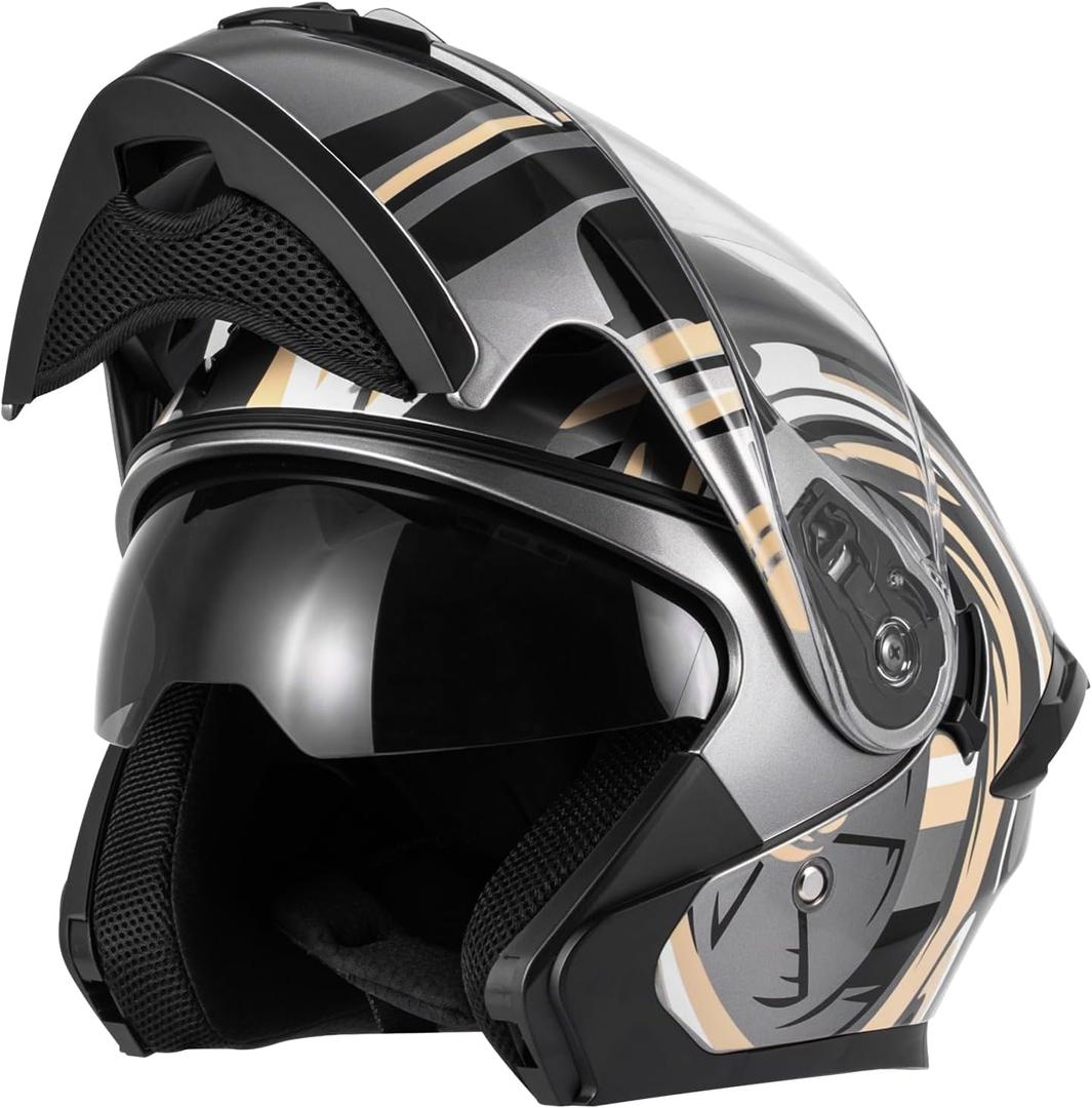 Spark Adult Flip-Up Motorcycle Helmets - DOT Certified Full Face Helmet with Dual Visor & Quick-Release Buckle, Lightweight ABS for Commuting and Touring (Black White, Small)