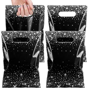 Pasimy 50 Pcs Black and Silver Party Favor Gift Bags Die Cut Plastic Treat Goodie Merchandise with Handle for Birthday Party Wedding Bridal Baby Shower Christmas New Year Gift Supplies