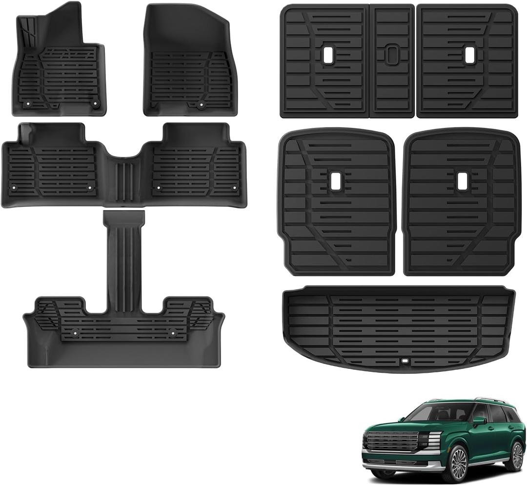 SMABEE 9PCS Floor Mats & Cargo Liner & 3rd Row Backrest Mat & 2rd Row Backrest Mat Compatible with Hyundai Palisade 2026 7 Seats All-Weather TPE Car Accessories