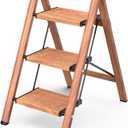 GameGem 3 Step Ladder, Aluminum Folding Step Stool with Anti-Slip Sturdy and Wide Pedal, Lightweight Portable Stepladder for Home and Kitchen Use Space Saving, Woodgrain, 330 lbs