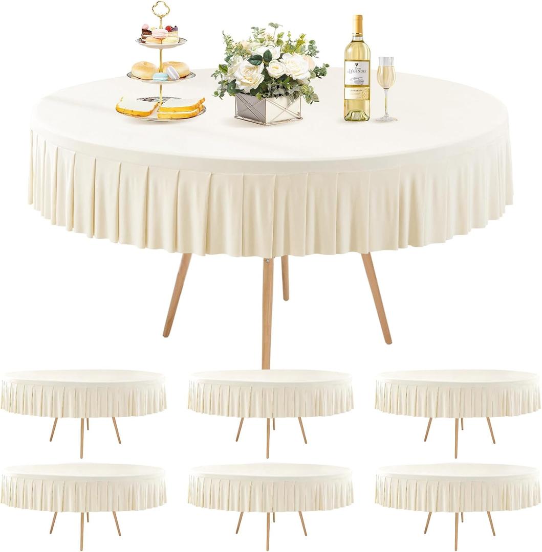 Ivory Spandex Round Tablecloths - 6 Pack, Fitted 5FT, Wrinkle Free Table Cover with Skirt for Wedding Party Dining Banquet, Ivory 