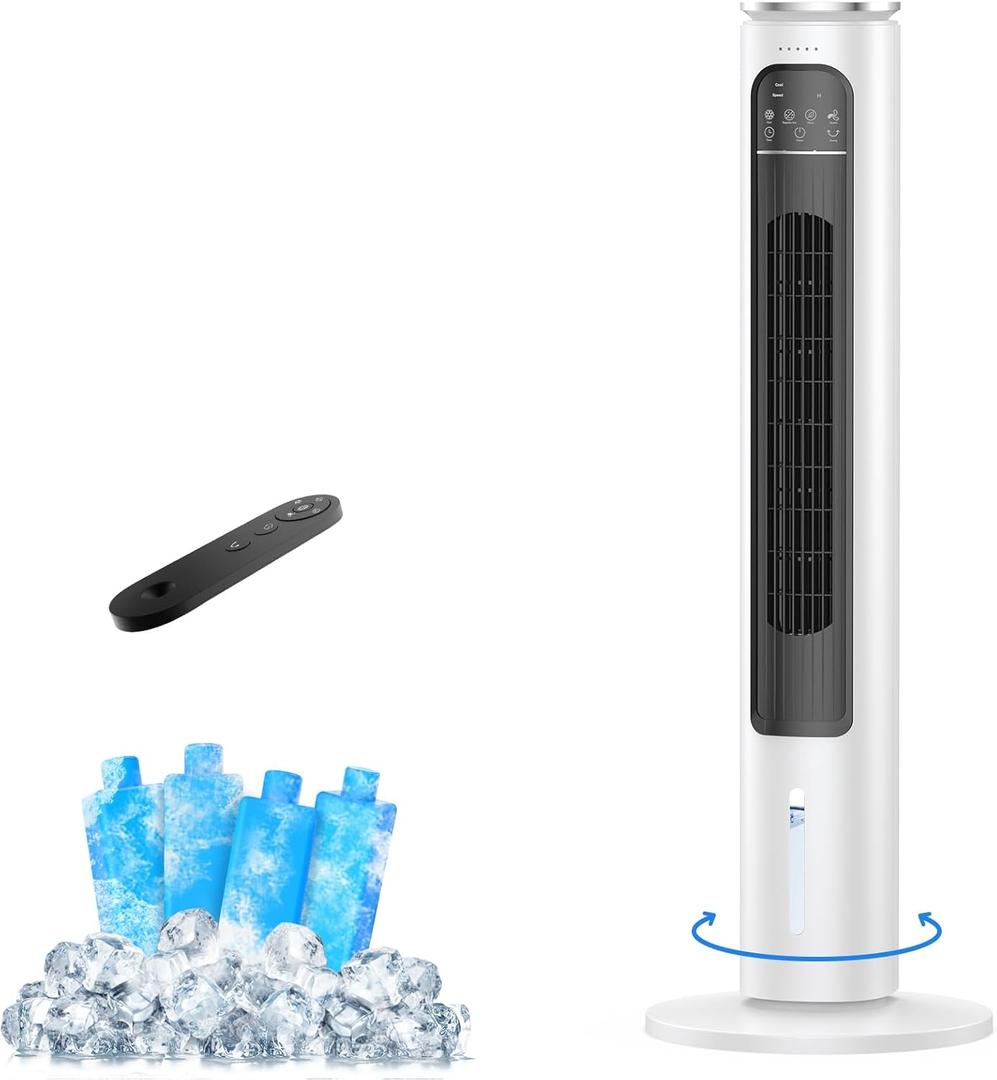 FLOWBREEZE Windowless Portable Air Conditioners, 38’’ Evaporative Air Cooler w/Remote, 2.5L Water Tank & 4 Ice Packs, 12H Timer Auto-off, 70° Oscillating, Quiet Cooling Tower Fan For Home Office