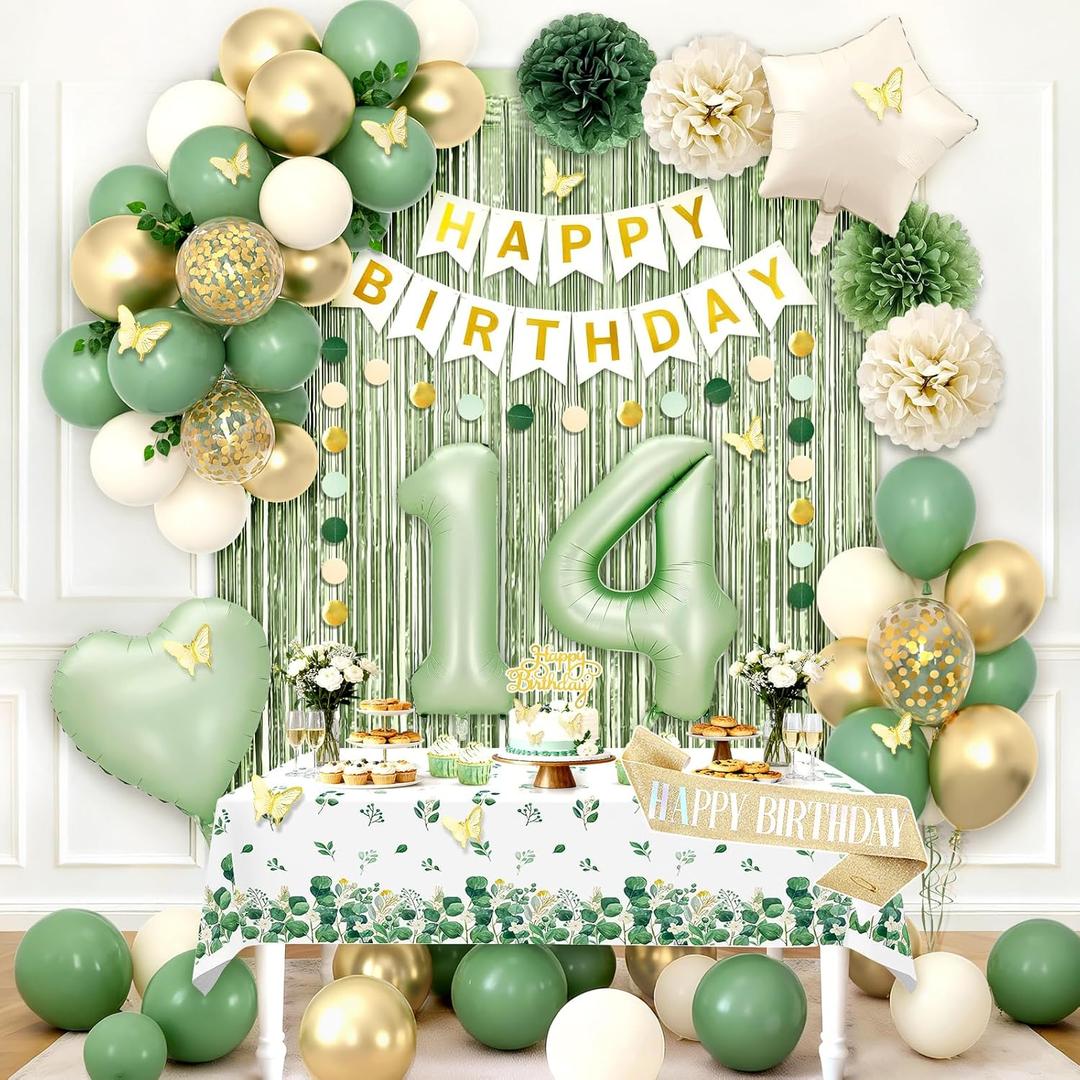 14th Birthday Decorations for Girls, Sage Green 14th Party Packs with Happy Birthday Banner, Paper Pom Poms, Green and Gold Balloon Arch Kit for 14 Years Old Party Decorations