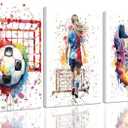 3Pcs Girl Graffiti Soccer Canvas Wall Art Colorful Sneakers Posters Prints Wall Decor Pictures Sports Theme Football Paintings for Bedroom Girls Room Teen Kids Playroom Artwork Home Decoration (16x24in)