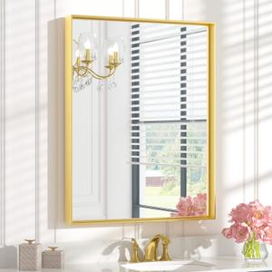 Keonjinn Gold Bathroom Vanity Mirror 28 x 36 Rectangular Wall Mirror Brushed Metal Frame Rectangle Bathroom Mirror for Over Sink Modern Farmhouse Square Corner Framed Mirror(Horizontal/Vertical)