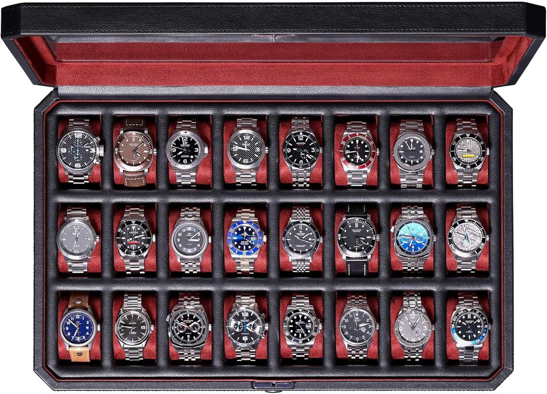 ROTHWELL 24 Slot Watch Case with Lock  Luxury Watch Box to Display and Organize Your Collection | Real Glass Top | Premium Storage for Collectors (Black/Red)