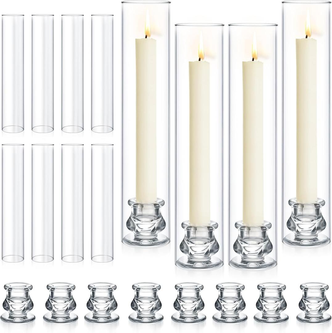 12 Set Hurricane Glass Candlestick Holders 12.6" Two Side Open Glass Candle Holders and 2.2" Taper Candlesticks Holder Bulk for Table Centerpiece Wedding Christmas Home Decor