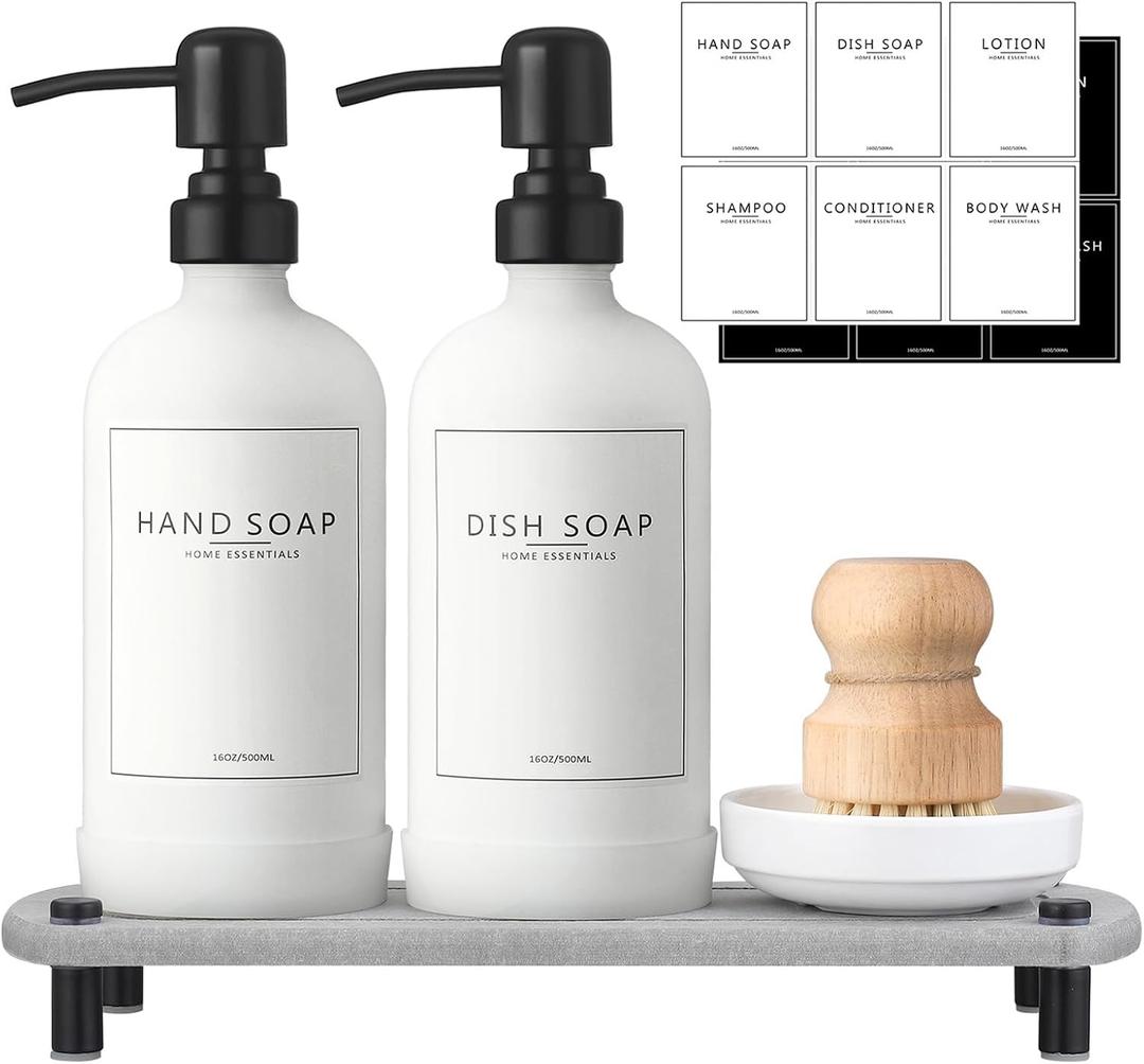 NEECZS Kitchen Soap Dispenser Set with Instant Dry Tray, 16 Oz Hand and Dish Soap White Glass Dispenser Set, Stainless Steel Pump, Waterproof Labels, Dish Brush, Luxury Soap Bottle for Kitchen, Bathroom