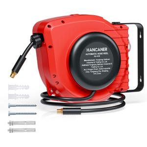 Hancaner Retractable Air Hose Reel, 1/4" x 50 FT Hybrid Air Hose Max 350 PSI, Air Compressor Hose Reel with 5 FT Lead in, 180 Swivel Mount