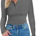 Long Sleeve Shirts for Women, Casual Solid Henley Tops Button Down Shirts, V Neck Blouses Basic Ribbed Knit Shirts for Party, M