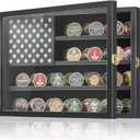 Coin Display Case 15"x11" Military Challenge Coin Holder Wooden American Flag Medal Poker Chip Wall Decor Gift for Collector, Grandfathers, Fathers, Comrade-in-arms, Black