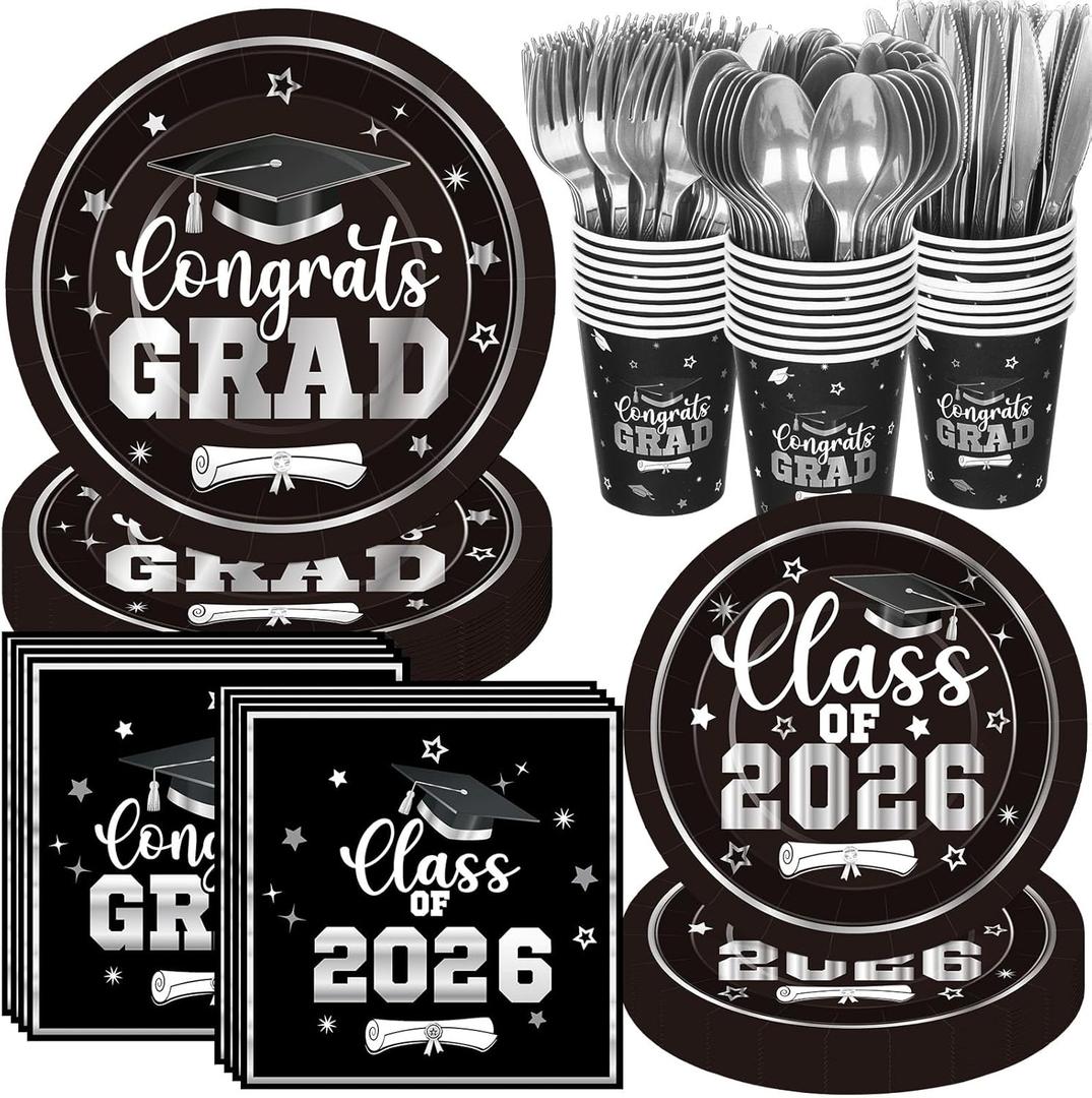 Funnymoom 400 Pcs Graduation Party Supplies Class of 2026 Graduation Paper Plate Napkin Cup Cutlery Congrats Grad Disposable Tableware Set for Grad Party Decorations, Serve 50 (Black)