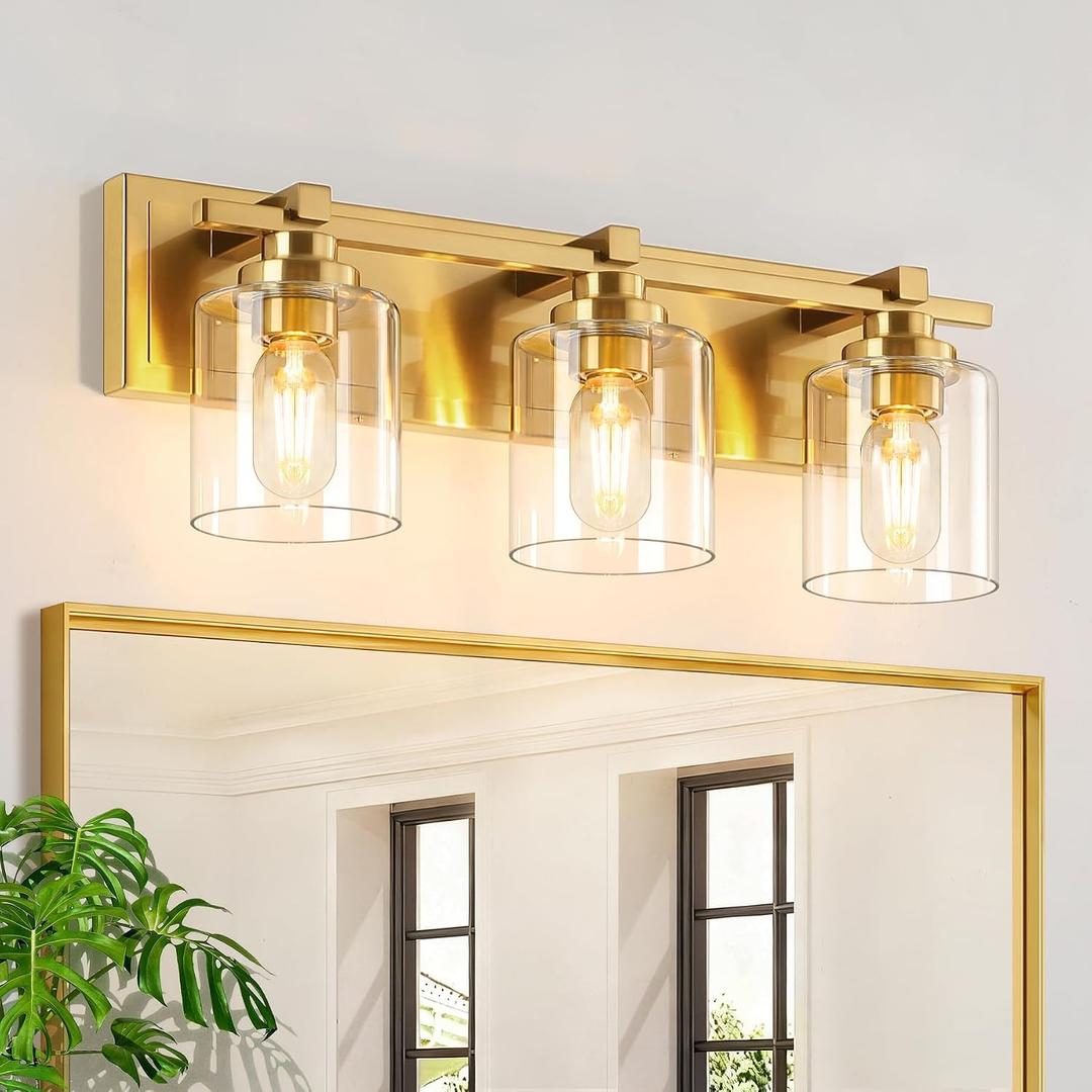Modern Bathroom Light Fixtures Over Mirror, Vanity Lights for Bathroom Wall Sconces with Clear Glass Shades, E26 Socket (Bulbs Not Included), 3 Light, Brass