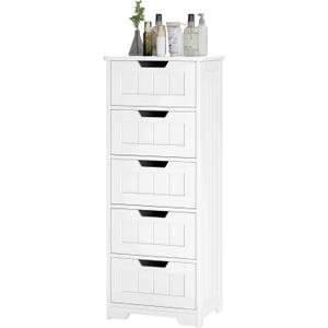 FOTOSOK Bathroom Cabinet, Bathroom Storage Cabinet with 5 Drawers, Wooden Storage Cabinets with Cut-Out Handles, 11.8 x 15.7 x 40.1 Bathrooms Floor Cabinets for Hallway/Living Room, White