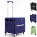 Folding Utility Cart Portable Rolling Crate Handcart Foldable Shopping Trolley Collapsible, with Lid, on Wheels, for Grocery, Garden, Office, Storage, Teacher, Tool (Purple)