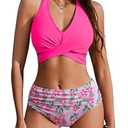 AI'MAGE Womens High Waisted Bikini Sets Tummy Control Bathing Suits Halter Two Piece Swimsuit Modest Bikini 2025 Pink Floral L
