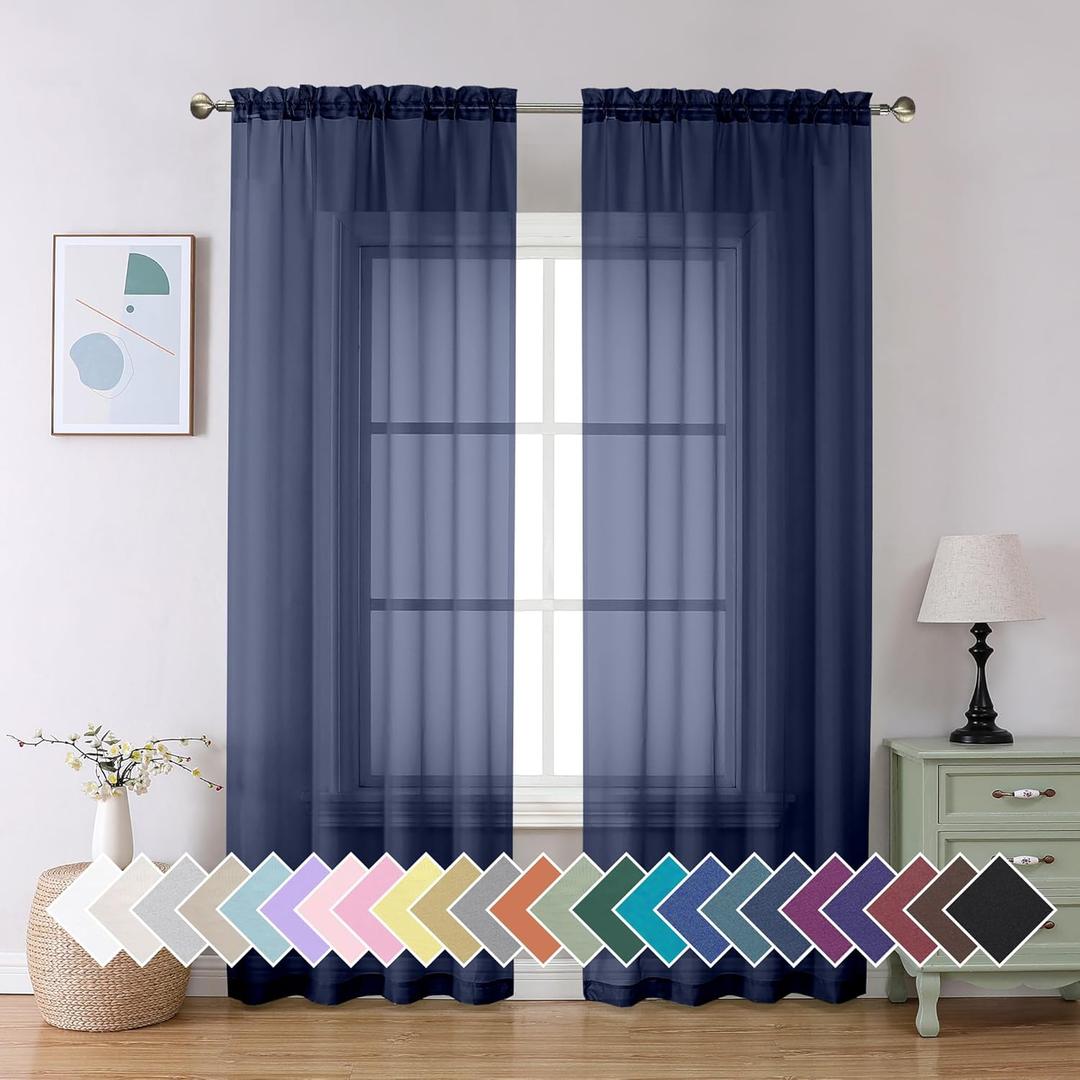 Aiyufeng Sheer Navy Blue Curtains 84 inch Length 2 Panels Set, Airy Soft-Touching Rod Pocket Voile Drapes for Living Room/Bedroom, Each 40W x 84L
