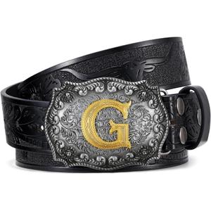 TRIWORKS Cowboy Belt for Men Women Western Belt Initial Letter A to Z Buckle with Engraved Cowboy Leather Belt (Fit Waist Size 34"-38")
