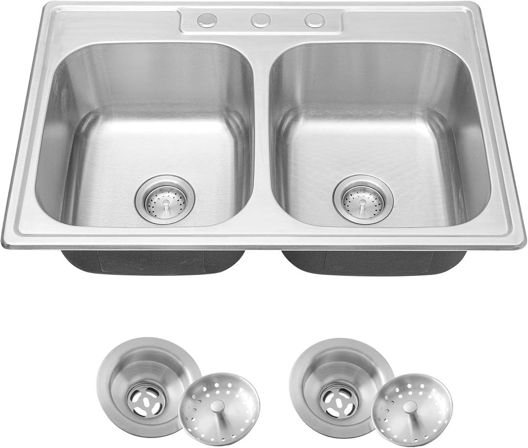33x22-Inch Drop-in Stainless Steel 50/50 Double Bowl Kitchen Sink with Strainer, Top Mount Double Bowl Kitchen Sinks with 3 holes (33" X 22"X 9")