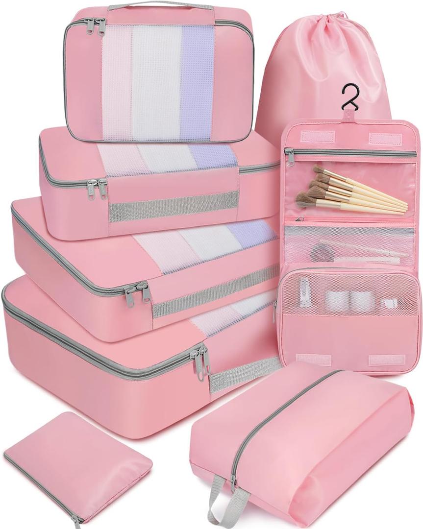 BAGAIL8 Set Packing Cubes Various Sizes Packing Organizer for Travel Accessories Luggage Carry On Suitcase (08-Pink)