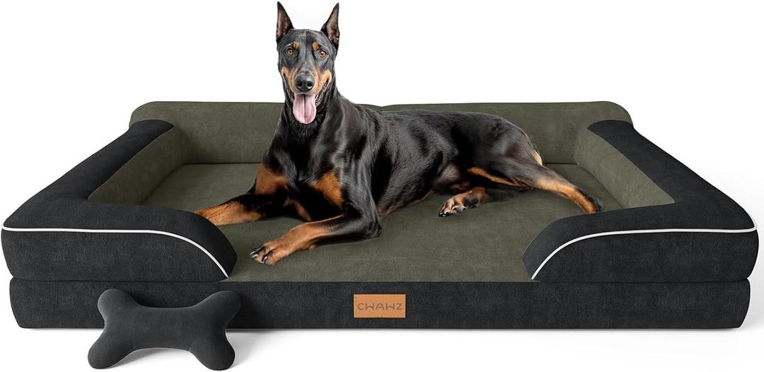 CWAWZ XXL Dog Bed for Extra Large Dogs, Giant Orthopedic Dog Bed with Cooling Gel Memory Foam, Waterproof Pet Bed with Removable Washable Cover, 53" Pet Sofa Bed Dutch Velvet with Bone Toy, Black