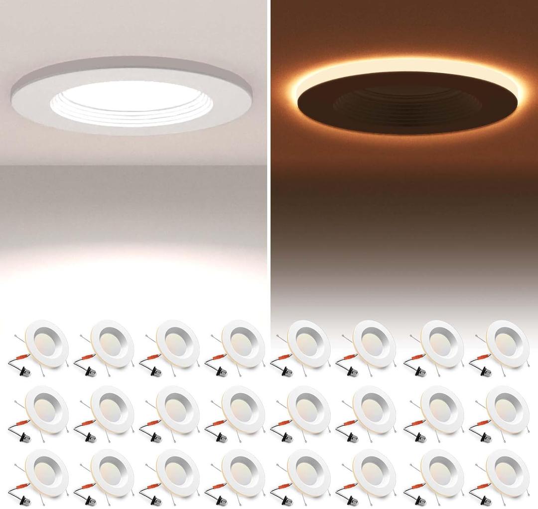 24 Pack 5/6 Inch LED Can Lights with Night Light, 5CCT Retrofit Recessed Lighting Selectable 2700K-6000K Dimmable, 12W=75W, 1200LM Downlight with Metal Smooth Trim - ETL and Energy Star (5CCT+NT-WH)