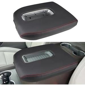 INTGET Center Console Cover for Chevy Silverado & GMC Sierra Accessories 2019 2020 2021 2022 2023 2024 2025 Leather Armrest Lid Arm Rest Box Protector (Red Stitches, Bucket Seat 19-25)