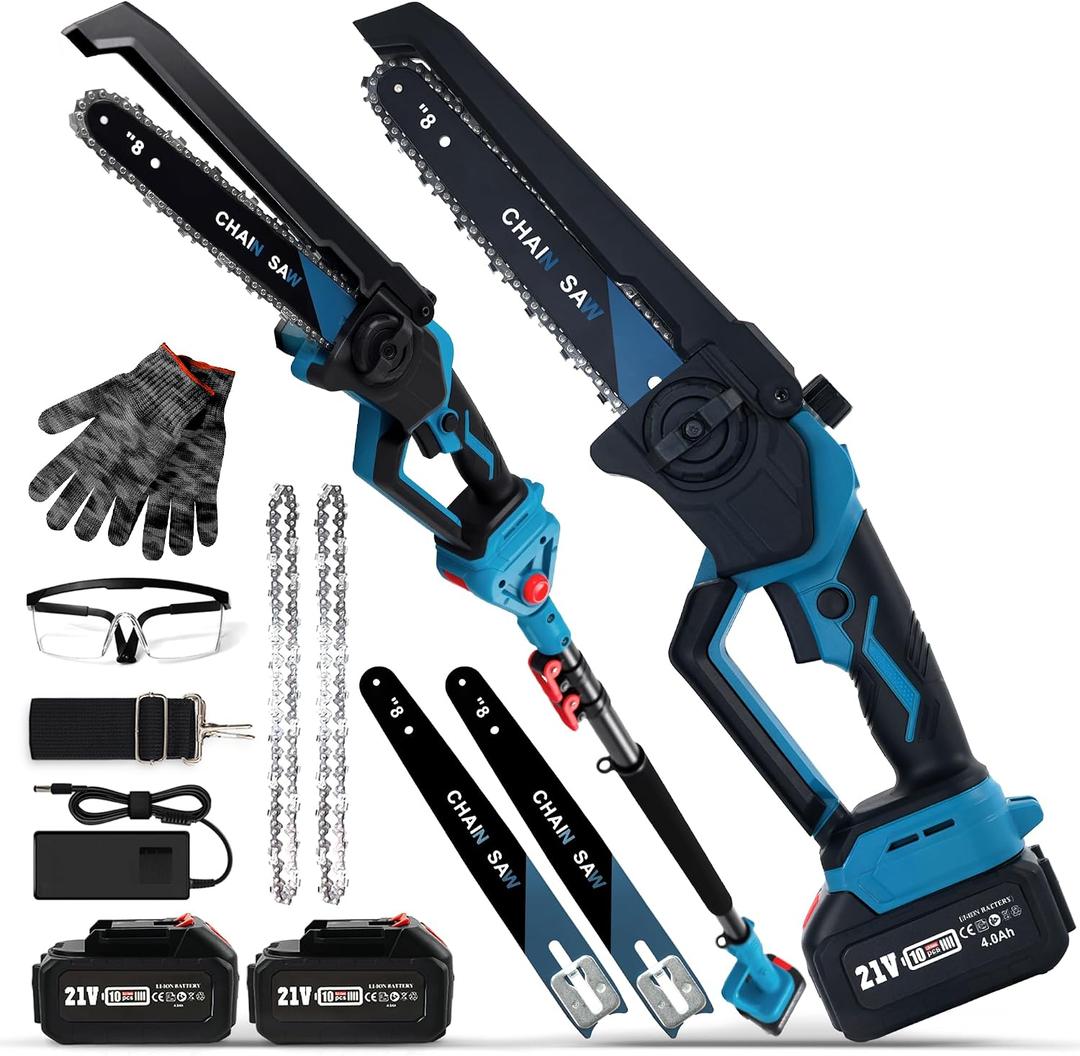 Cordless 2-in-1 Pole Saw & 8" Mini Chainsaw,Brushless 1200W Motor,2x21V 4.0Ah Batteries,Extension Pole with 0-180° Adjustable Head,Auto Oiling,Max 16FT Reach for Tree or Branches Tree Trimming