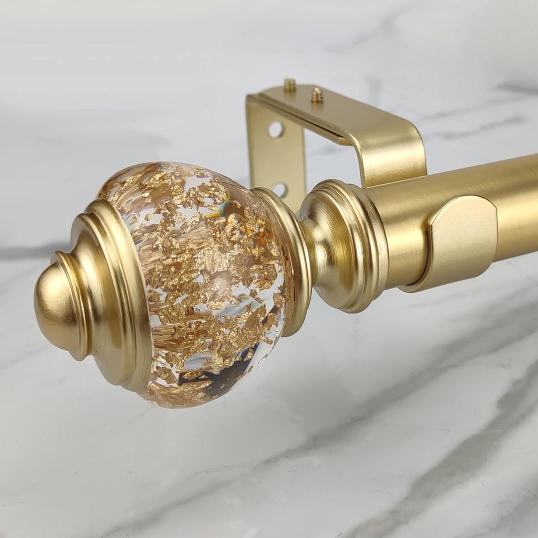 Single Curtain Rod Set:1-1/8 inch Diameter Adjustable Gold Curtain Rods with Clear Gold Foiled Finial,72-144 inch,Standard Single Drapery Rod for 1 Pack