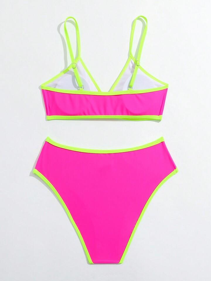 Teen Girl Summer Beach Contrast Neon Trim 2-Piece Bikini Set Bathing Suit, 13-14Y