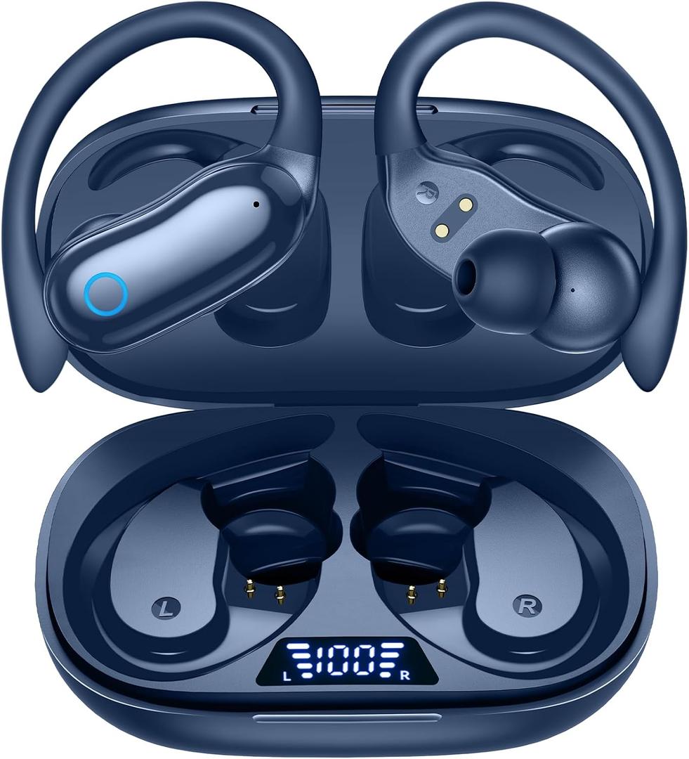 GNMN Active Noise Cancelling Ear Buds Wireless Earbuds 96hrs Playback Bluetooth Headphones Dual Battery Display Stereo Bass Earphones with Earhooks Microphone IPX7 Waterproof for Sports/Runing/Workout
