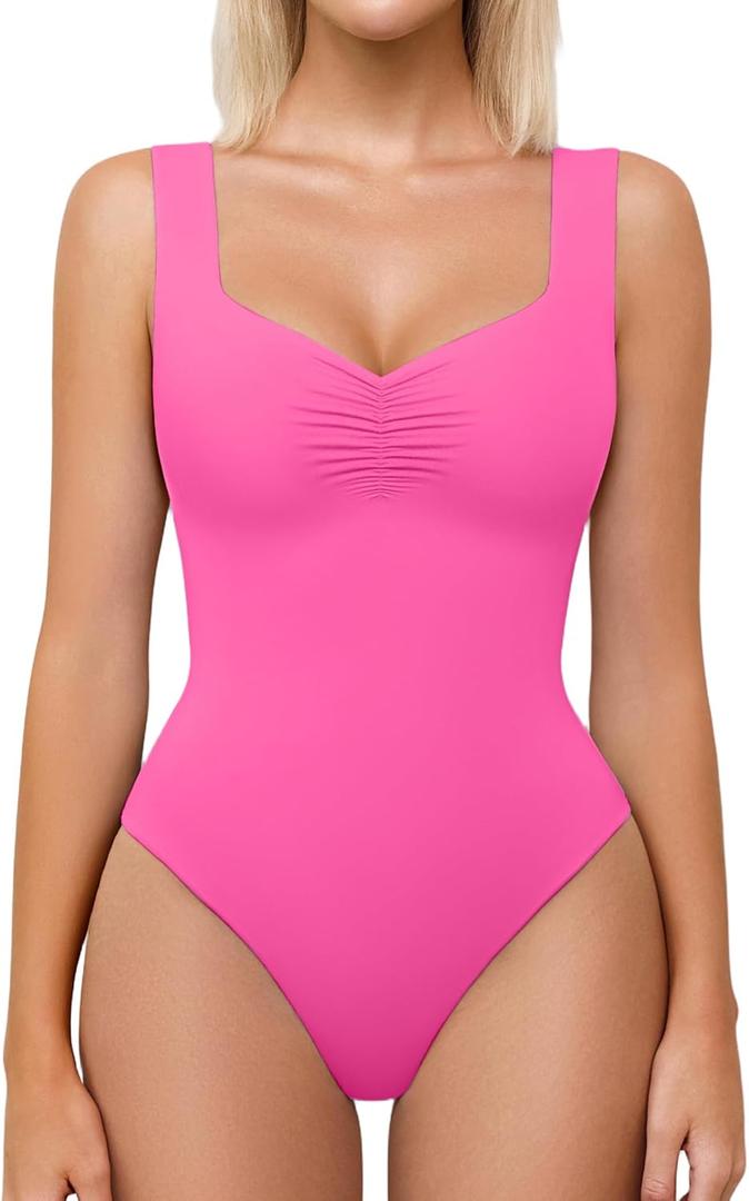 Avidlove Bodysuits for Women Sweetheart Neck Ruched Body Suit Seamless Double Lined Tank Top Slimming (Medium, Rose Red)