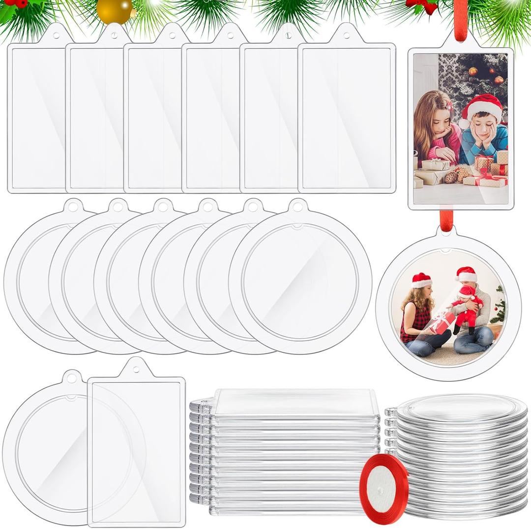 48 Pcs DIY Christmas Picture Frame Ornaments with Red Ribbon, Acrylic Xmas Tree Photo Frame Bulk, Hanging Photo Christmas Ornaments, Plastic Ornament Tree Decor (Round, Square)