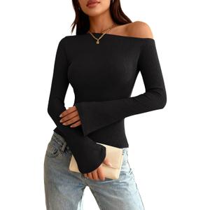 Zenlonr Long Sleeve Shirts for Women 2025 Fall Off The Shoulder Tops Casual Slim Fitted Knit T-Shirt Y2K Clothes (Black, M)