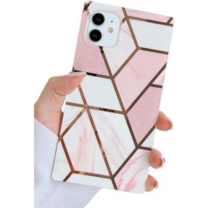 KERZZIL Luxury Rectangle Edge Compatible with iPhone 11 Geometric Marble Case,Slim Stylish Glossy Soft TPU Silicone Rubber Gel Shockproof Protective Bumper Cases Cover(Pink)