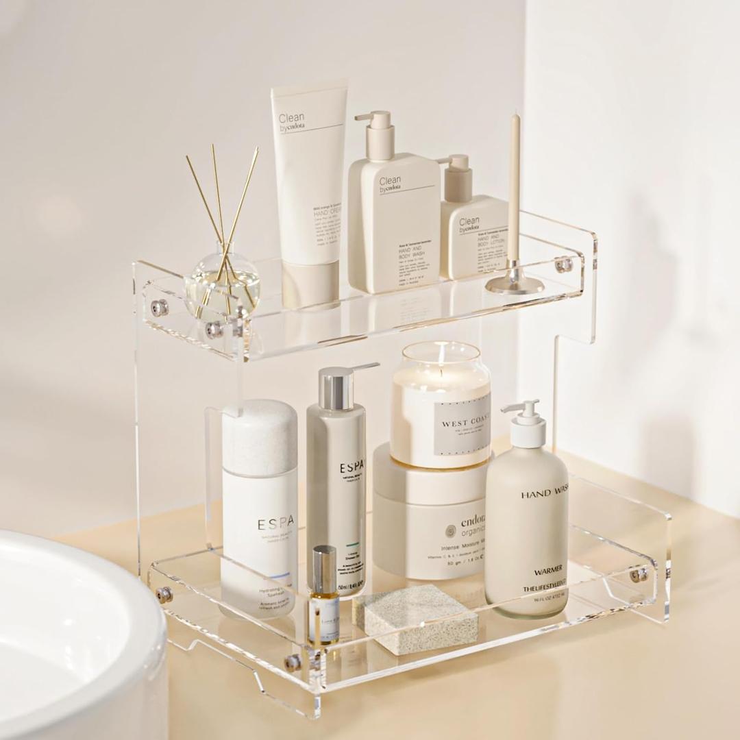 Bathroom Counter Organizer Countertop 2 Tier Storage Acrylic Corner Makeup Organizer for Perfume Stand, Vanity Holder, Dresser Tray, Spice Rack, Skincare, Coffee Bar, Room Decor (Clear)