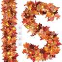 Waipfaru Fall Decor, 2 Pack Fall Garland with Lights, 5.7Ft Lighted Autumn Leaf Garland for Wedding Fireplace Mantle Thanksgiving Decor