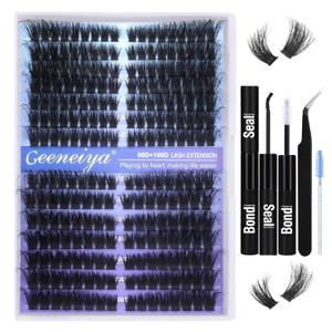 Pre-made Cat Eye Lash Extension Kit Lash Clusters Kit 9-16mm Wispy Cluster Eyelash Extension Kit 80D+100D Individual Eyelashes with Lash Bond and Seal, Lash Tweezers by Geeneiya