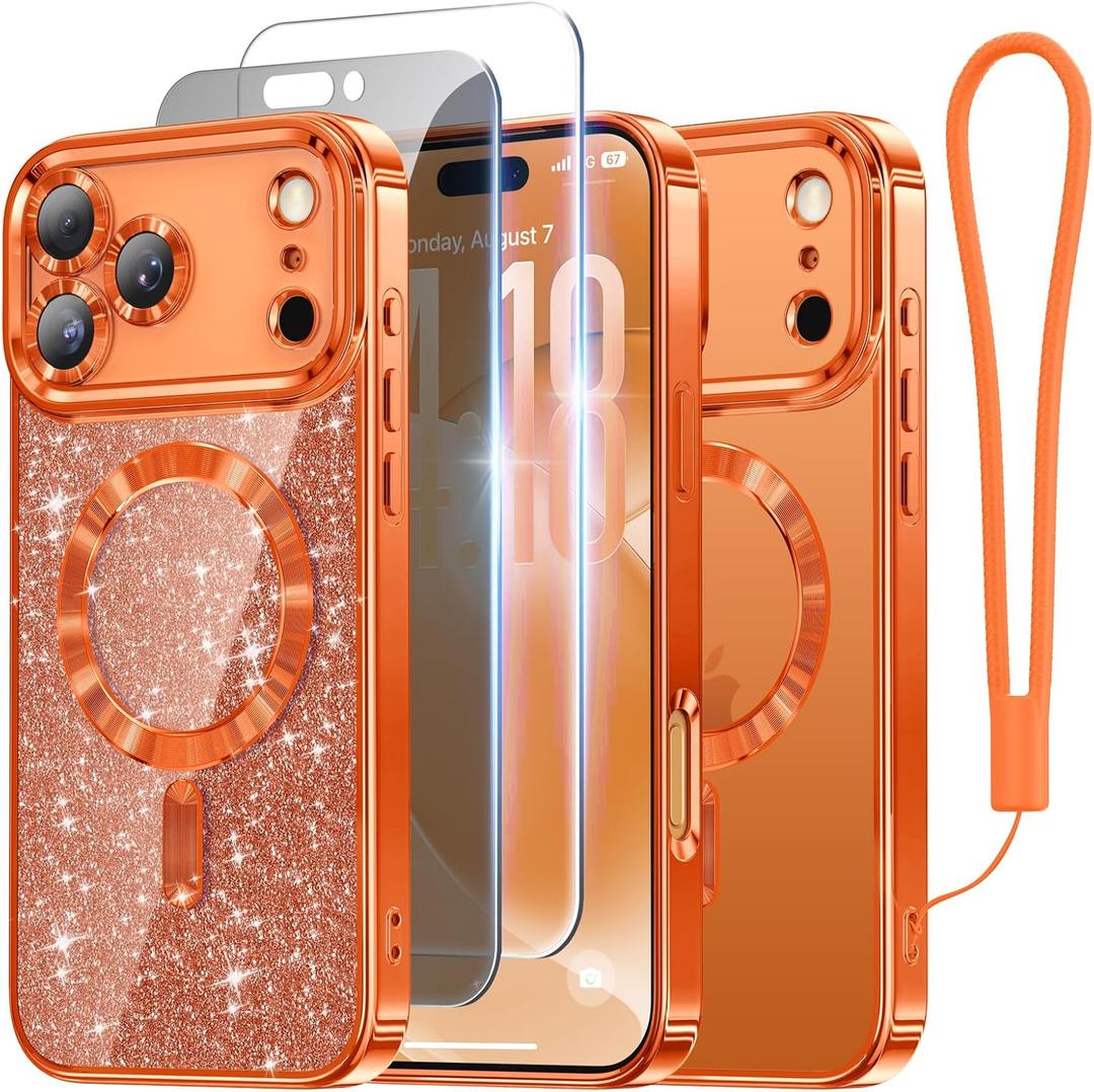 Meifigno Designed for iPhone 17 Pro Max Case 6.9", [Glitter Card & Wrist Strap] [Compatible with MagSafe] [1HD+1X Privacy Screen Protectors] Surround Raised Lens Protection 17 ProMax Case, Orange