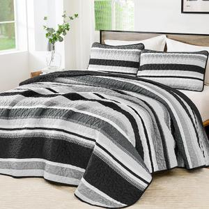WONGS BEDDING Queen Quilt Bedding Set, 3 Pieces Black Striped Bedspread Coverlet Set, Lightweight Summer Quilts Queen Size for Bed 96"x90"