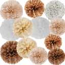 2 x Boho Baby-Shower Party-Decorations Tissue Pom-Poms - 12pcs Neutral Rainbow Birthday Wedding Bridal Paper Flowers Streamers,White Brown Champagne Engagement Bachelorette Christmas Decor Ouruola
