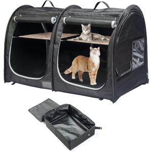 Mispace Portable Twin Compartment Show House Cat Cage Condo,Comfy Puppy Home Dog Travel Crate with Carry Bag/2 Hammocks/Mats & Collapsible Litter Box (Black)