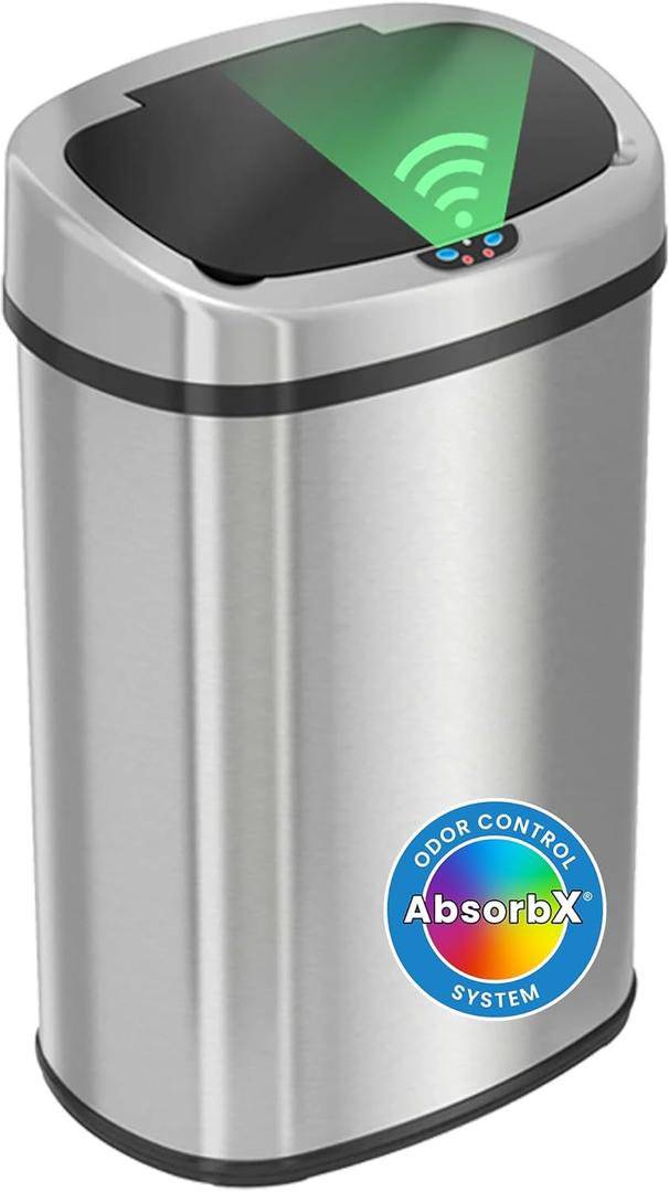 iTouchless 13 Gallon Oval Touchless Sensor Can with Odor Filter, Fingerprint-Proof Stainless Steel, 50L Automatic Kitchen Garbage Bin, Smart Hands-Free Motion Lid, Quiet Soft-Close (Light Silver, Black)