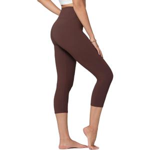 Conceited High Waisted Ultra Soft Leggings for Women - Full Length, Capri Length and Biker Shorts (Capri Length, One Size Plus, Solid - Brown)