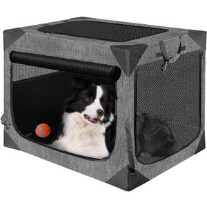 Dog Crate, Collapsible Soft Travel Crate for Large Dogs, Indoor & Outdoor Portable Pet Kennel with Chew-Proof Mesh Window (Dark Gray, 36" L x 25" W x 25" H)