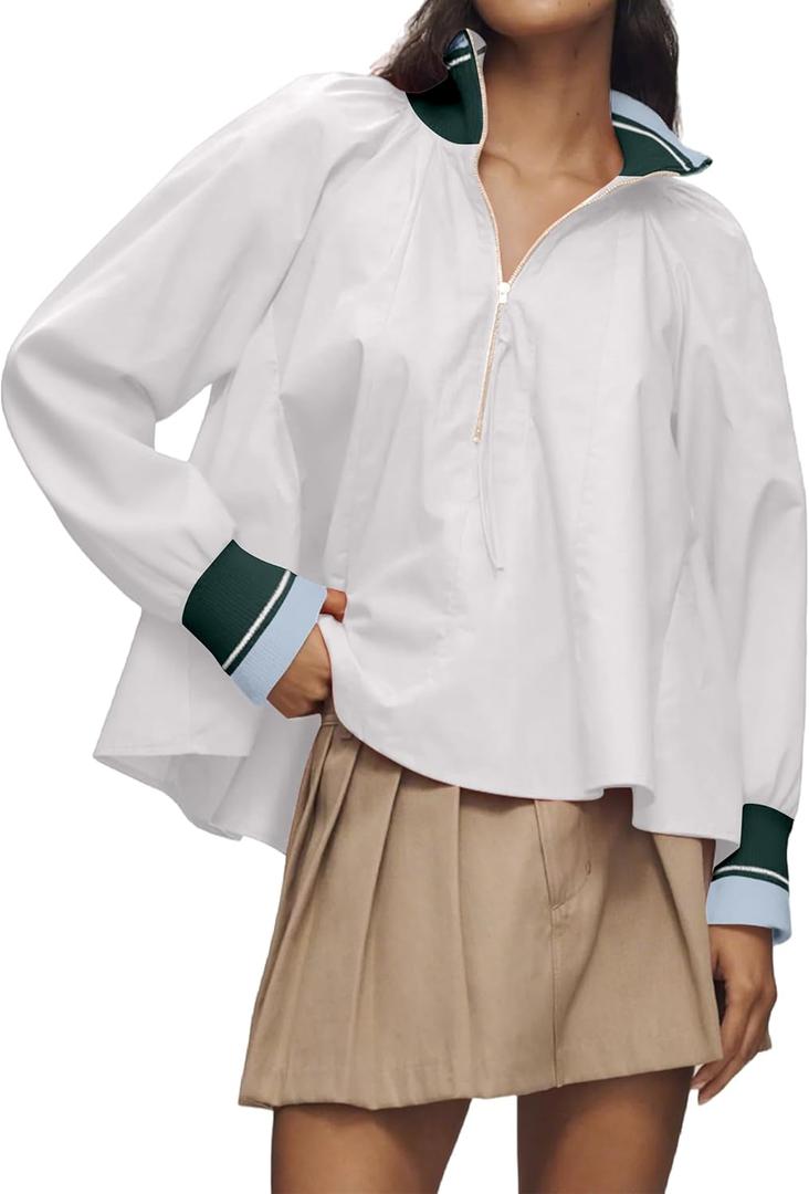 Burtell Half Zip Pullover Women Flowy Long Puff Sleeve Sporty Henley Blouse Casual Shirt Contrast Loose Fit Swing Tunic Tops (White, S)