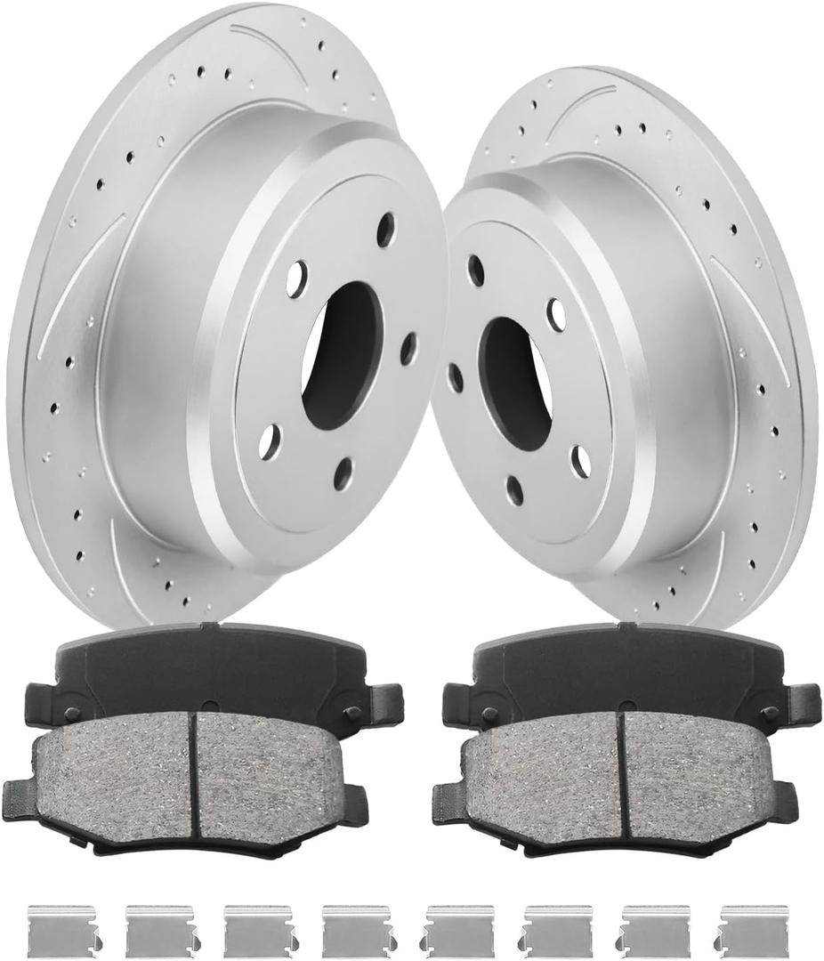 Rear Brake Pads And Rotors Kit Compatible With 2007-2017 Jeep Wrangler, 2018 Jeep Wrangler JK, Automotive Replacement Brake Kits 53041 D1274-8390 Geomet Drilled And Slotted Rotors 316mm(12.4in)