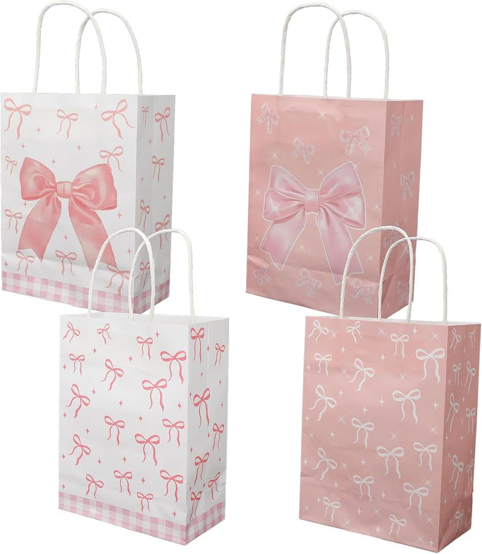30pcs Pink Bow Party Paper Gift Bags with Handles, Bow Knot Treat Bags for Girls Birthday, Baby Shower, Wedding, and Coquette Themed Parties
